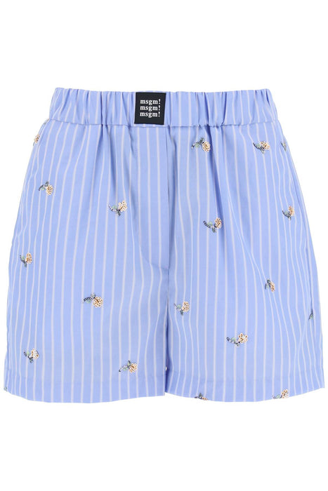 Msgm striped poplin shorts with sequin flowers