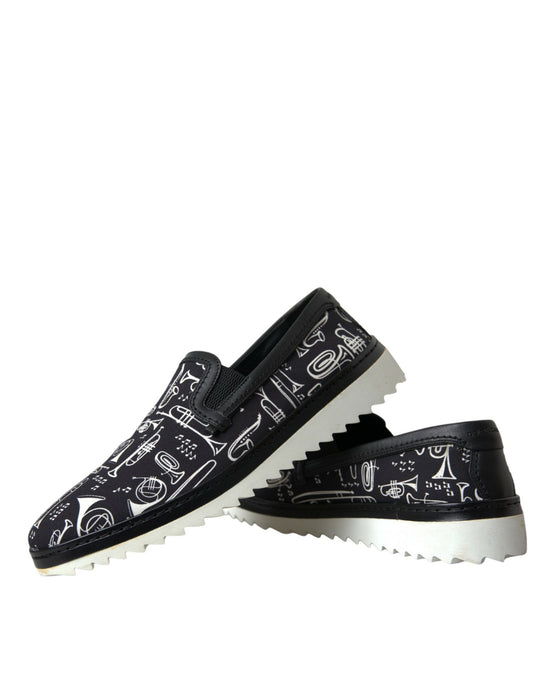 Dolce & Gabbana Black Instrument Print Slip On Loafers Shoes