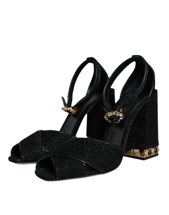 Dolce & Gabbana Black Crystal Ankle Strap Sandals Shoes