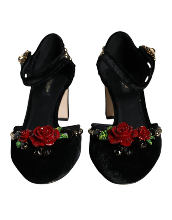 Dolce & Gabbana Black Velvet Roses Ankle Strap Pumps Shoes