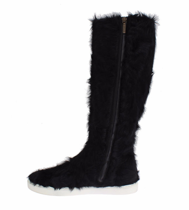 Dolce & Gabbana Elegant Black Fur Leather Flat Sneaker Boots