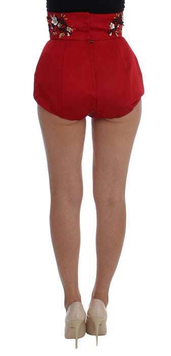 Dolce & Gabbana Red Silk Crystal-Embellished High Waist Shorts