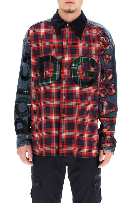 DOLCE & GABBANA oversized denim and flannel shirt with logo