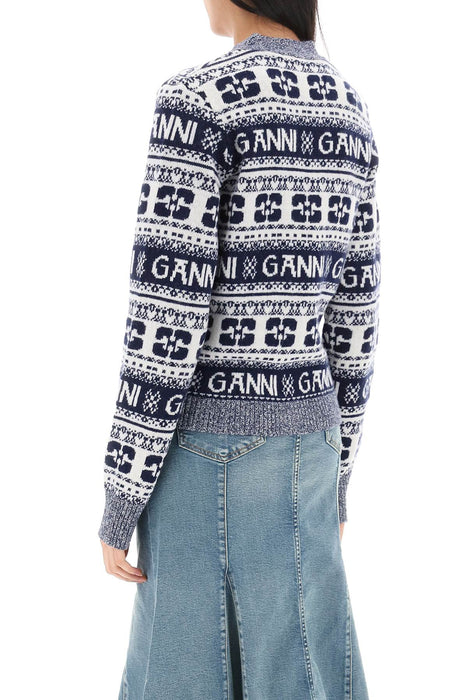 GANNI jacquard wool cardigan with logo pattern