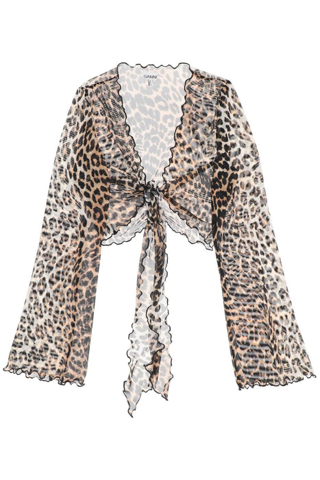 Ganni cover up cropped top in mesh with leopard print