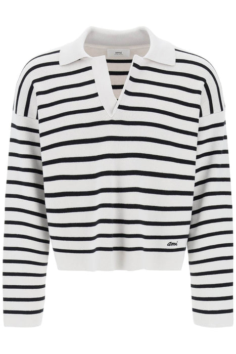 AMI ALEXANDRE MATIUSSI striped v-neck magic pullover sweater.